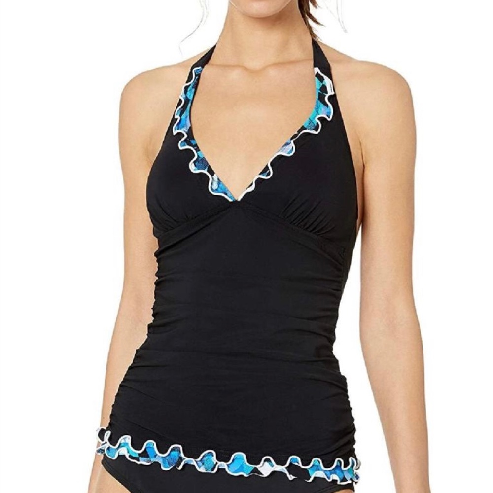 Profile by Gottex Tankini Top Lettuce Trim Ruffle Black Size 6 NEW